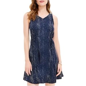 LOFT Navy Star Print Soft Linen Blend Coastal Godet Sleeveless Dress Size S